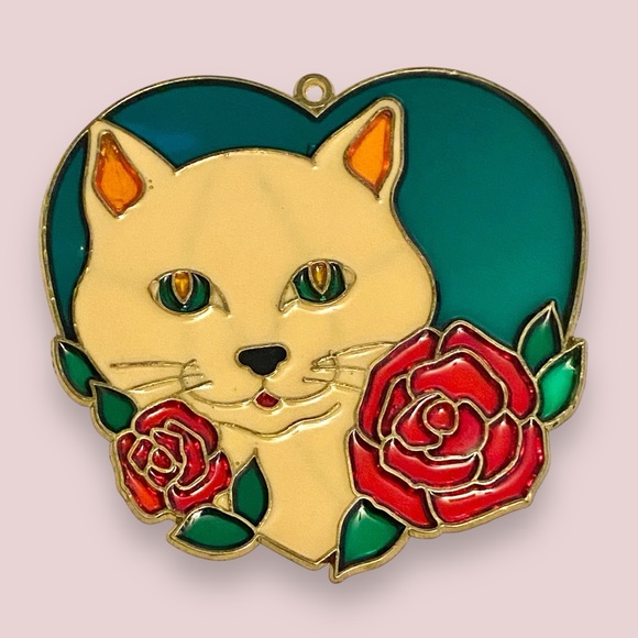 Heart with Cat & Roses Stained Glass Acrylic Window Hanging Suncatcher 5” x 4.5” - Picture 2 of 5